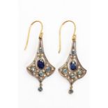 A pair of sapphire and diamond drop earrings, silver gilt, set the centre with a suspended oval