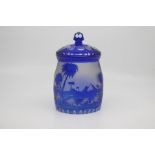 A Bohemian blue flashed cameo glass biscuit jar and cover, early 20th Century, of barrel form with