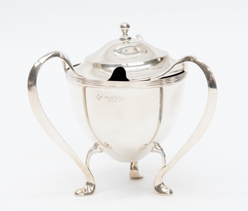 An Arts & Crafts three handled mustard pot in the manner of Ashbee, ovoid body with reeded border on - Image 2 of 2