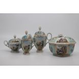 A Dresden porcelain three-piece coffee set, of ovoid shape and decorated with figures in