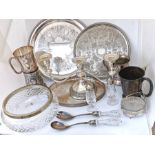 Various plated tableware. rimmed glass bowl with 2 serving spoons, condiment set, serving dish, 3