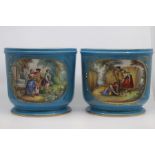 A pair of Sevres style jardinieres, circa 1890, of typical rounded form, finely painted with