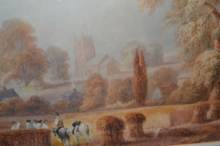 English School (late-19th Century), tranquil rural scene with figures harvesting wheat, unsigned, - Image 2 of 2