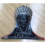 Guy Motors Indian chief radiator mascot, ‘Feathers in our Cap’. measures 7 x 6 inches.