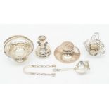 A collection of silver to include: Capstan inkstand, basket shaped dish; circular reticulated