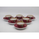 A set of six Gardner, Moscow, Russian porcelain teacups and saucers, circa 1900, decorated with