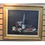 Brian Davies (British, 1942-2014), still life of Champagne and shellfish, signed l.r., oil on