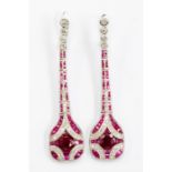A pair of Art Deco style ruby and diamond platinum drop earrings, comprising a drop each set with