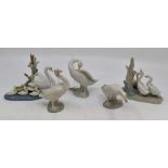 Lladro; a collection of geese figures and groups, comprising three geese figures, a Nao geese figure