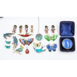 A collection of enamel jewellery to include three silver and enamel butterfly brooches (enamel