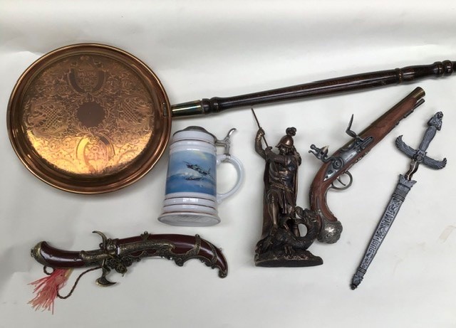 Bed Pan, replica pistols, dagger, resin figure and RAF tankard