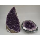 An amethyst multi-facet geode, upright form and a small bowl shaped amethyst geode, highest 20 cms