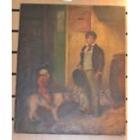 Oil on canvas portrait of gentleman performing monkey and dog, signed