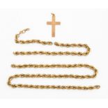 A 9ct gold cross, along with a 9ct gold broken rope link chain a/f, combined total weight approx.