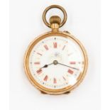 A 14k gold Swiss open faced pocket watch, white enamelled dial with red Roman numerals and inlaid