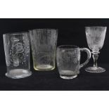 An assembled group of engraved glassware, 19th Century, including a celery vase engraved with