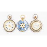 Two early 20th Century silver ladies open faced pocket watches, both  with enamel floral scenes to