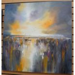 Ann Pollard, South African, contemporary, impasto sunlit scene with seagulls over early morning