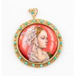 An 18ct gold and enamel hand painted portrait brooch/pendant of a female bust, the decorative gold