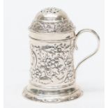 A Victorian silver shaker / pounce pot, the body profusely engraved with scrolling foliage, C-scroll