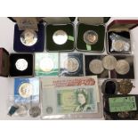 A collection of coins, includes Royal Mint Proof 2 x 1973 50p, 2 x Proof 1972 Crowns with other