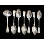 A collection of 19th century plain fiddle pattern flatware including: a set of five George IV silver