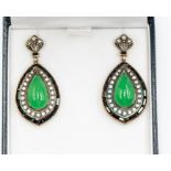 A pair of jade, onyx and diamond drop earrings, pear shaped set to the centre with cabochon jade
