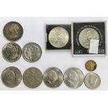 A collection of silver coins including:Victorian silver crown 1893,   Restrike American dollar