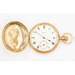 A 9ct gold Elgin hunter pocket watch, white enamel dial, Roman numerals and subsidiary dial, dial