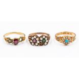 Three Victorian gold rings to include: an 18ct gold, half pearl and turquoise flower cluster, size