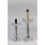 Two English cut glass table lusters converted to electric lamps, 23cm and 28cm high. (2)