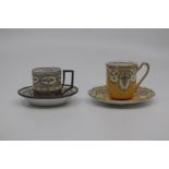 A French porcelain coffee cup and saucer with white metal mounts, decorated with flower panels,