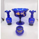 Hand painted Victorian Bristol Blue colour footed glass bowl  H22 W24cm. Along with a pair of