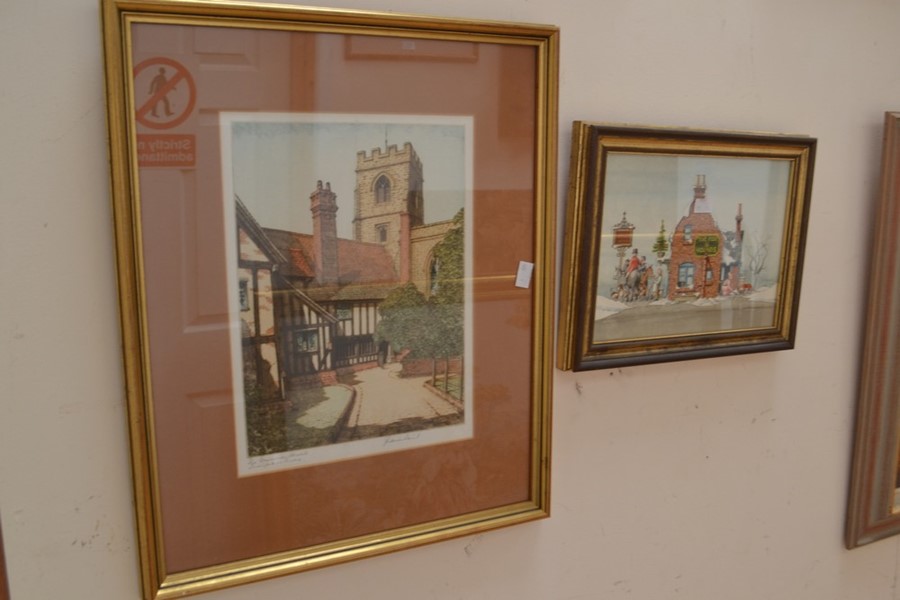 A collection of prints and watercolours, including large 20th Century map