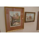 A collection of prints and watercolours, including large 20th Century map