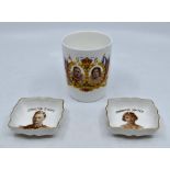 A pair of Royal Crown Derby commemorative Coronation 1937 pin dishes, together with a Doulton mug