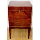 An Edwardian mahogany square cellarette, the hinged lid enclosing a fitted interior with nine bottle