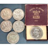 Crowns 1892, 1893 LVI, 1895 LIX, 1935, 1937, 1951 in presentation case with other commemorative