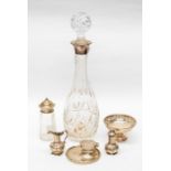 A collection of Birmingham silver to include: an Elizabeth II silver top glass decanter, the