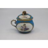 A Sevres porcelain custard cup and cover, late 18th Century, of bellied form and finely painted with
