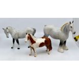 Three Beswick Horses, grey Shire, dappled grey horse and brown and white pony. Height of Shire