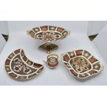 A Royal Crown Derby 1128 bonbon dish, 1128 cake stand, 1128 crescent dish and a 1128 miniature