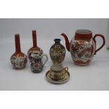 A group of Japanese ceramics to include a pair of Kutani bottle vases 15.5cm, a Kutani coffee pot,