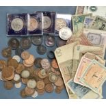 Coins and Banknotes including a Colchester Token, small amount of pre 47 Silver, with a silver