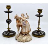 A pair of gilt brass and grey Wedgwood Jasper ware candlesticks, along with an early 20th Century