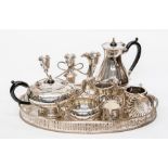 A Georgian style silver plated tea service comprising teapot, coffee pot milk jug, sugar bowl, tray,