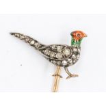 Hunting interest- A diamond set enamel and 9ct gold stick pin in the form of a pheasant, pave set