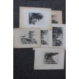 A collection of six various 19th Century etchings, unframed, depicting various scenes, including