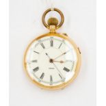 A H Samuel 18ct gold open faced pocket watch, white dial with Roman numerals and outer seconds