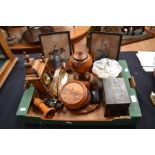 A box of assorted collectables, including two mantle clocks, turned treen, a lacquered jewellery